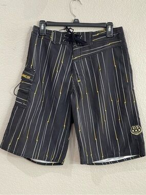 686 Black Boardshorts with Yellow & White Pinstripe Accents